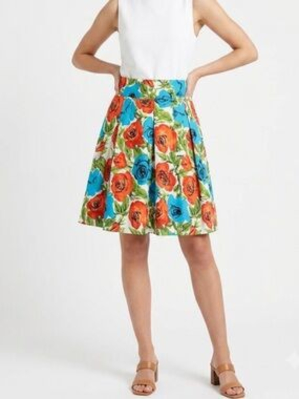 Talbots Garden Floral Cotton Pleated A-Line Skirt Watercolor Blue Orange Sz 4